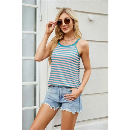 Florira Striped Round Neck Cami - Chic & Trendy - Teal / m - Tank Tops on Sale Worldwide Shipping
