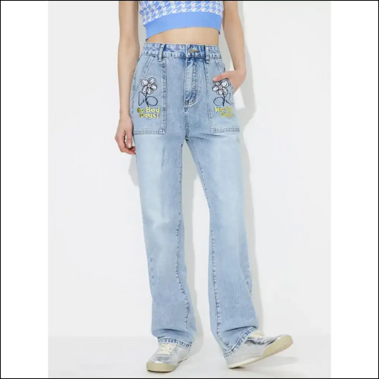 Flower Power your Way to Fashionable Success in High Rise Straight Legs 🌼👖 - Light Blue / m - Jeans on Sale Worldwide Shipping