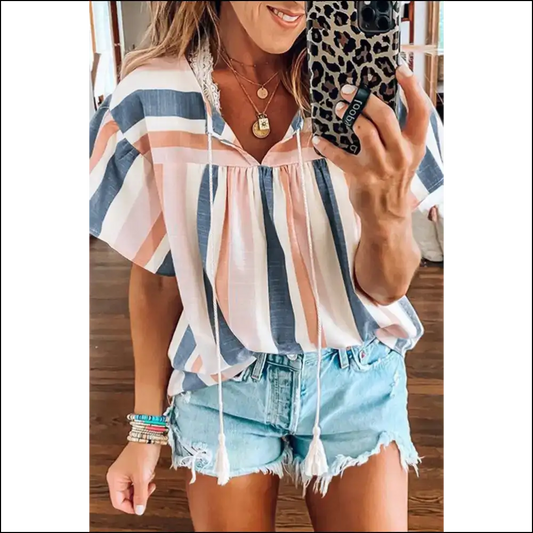 Flutter Sleeve v Neck Blouse: Blue Stripes of Slay! Multicolor / s - Blouses on Sale Worldwide Shipping