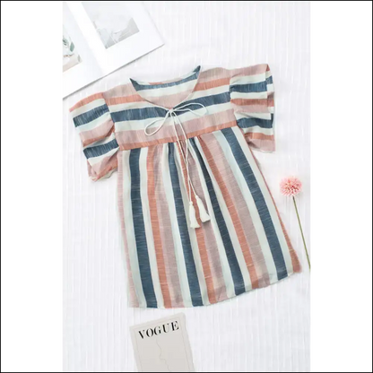 Flutter Sleeve v Neck Blouse: Blue Stripes of Slay! Blouses on Sale Worldwide Shipping