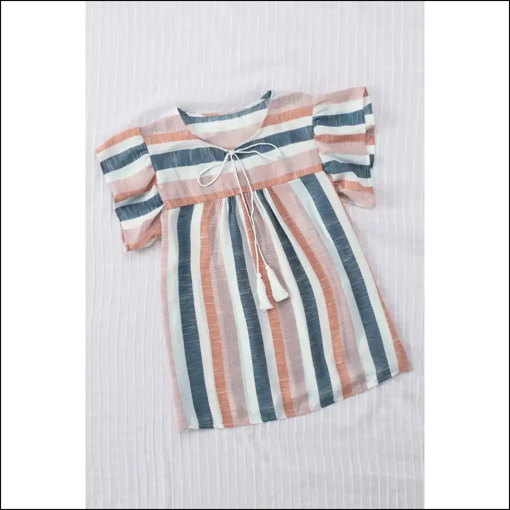 Flutter Sleeve v Neck Blouse: Blue Stripes of Slay! Blouses on Sale Worldwide Shipping