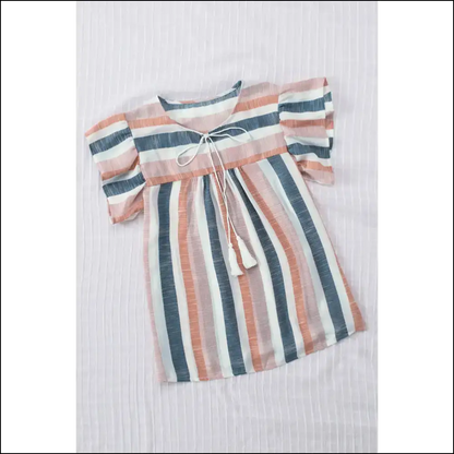 Flutter Sleeve v Neck Blouse: Blue Stripes of Slay! Blouses on Sale Worldwide Shipping