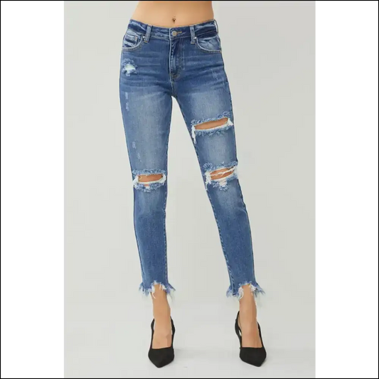 Fray your Worries Away: Embrace the Risen Distressed Slim Jeans! - Dark / Jeans on Sale Worldwide Shipping