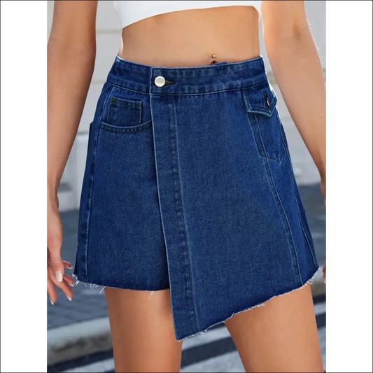 Frayed Hem Asymmetrical Denim Skort - Trendy & Chic - Dark / Xl - Skorts Shorts on Sale Worldwide Shipping