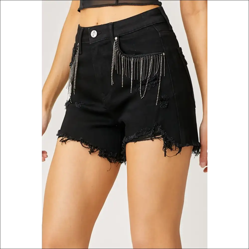 Frayed Hem Denim Shorts with Fringe Detail Pockets - Black / s - on Sale Worldwide Shipping