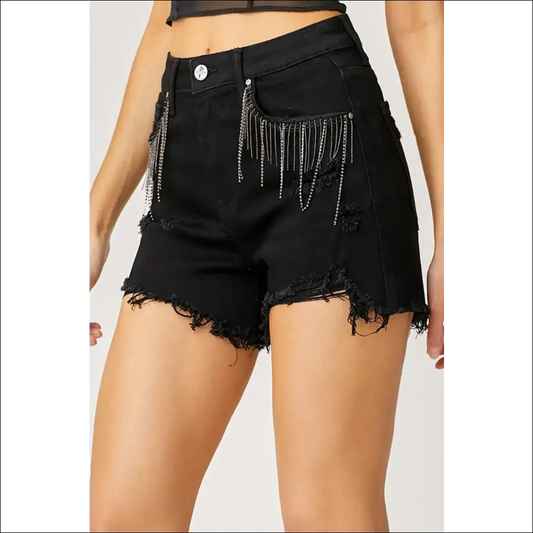 Frayed Hem Denim Shorts with Fringe Detail Pockets - Black / s - on Sale Worldwide Shipping