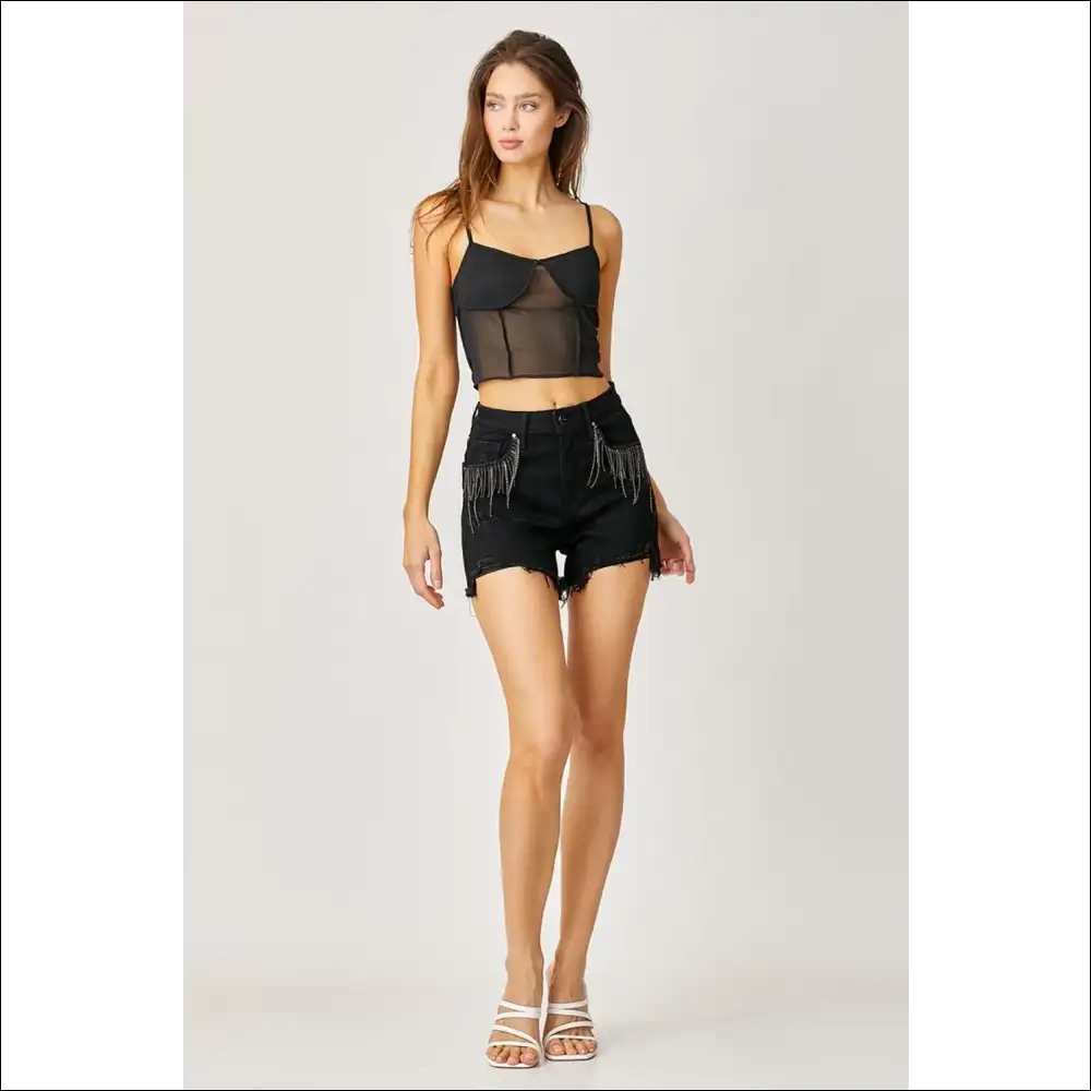 Frayed Hem Denim Shorts with Fringe Detail Pockets - on Sale Worldwide Shipping