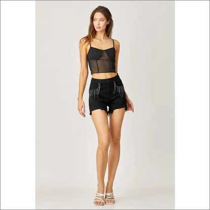 Frayed Hem Denim Shorts with Fringe Detail Pockets - on Sale Worldwide Shipping