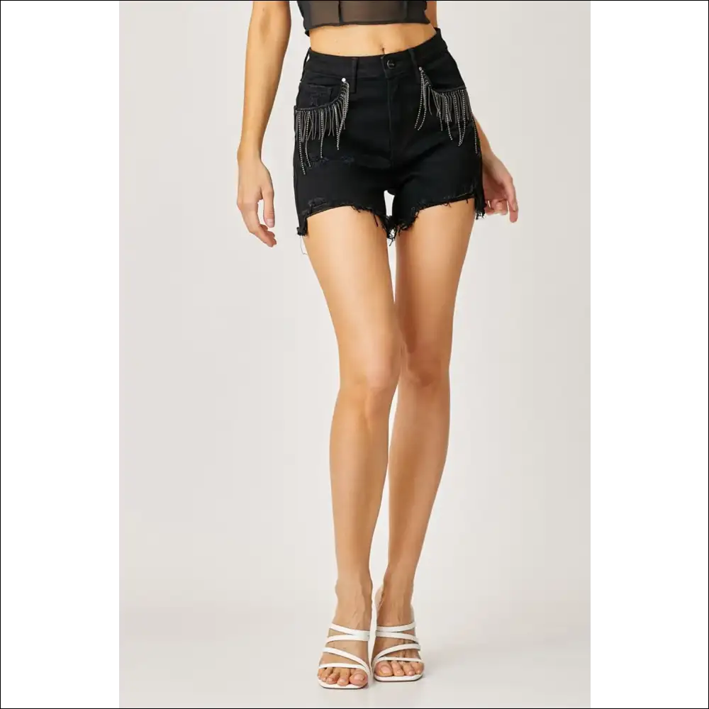 Frayed Hem Denim Shorts with Fringe Detail Pockets - on Sale Worldwide Shipping
