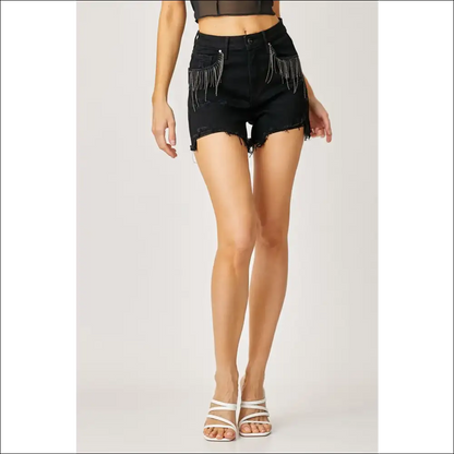 Frayed Hem Denim Shorts with Fringe Detail Pockets - on Sale Worldwide Shipping