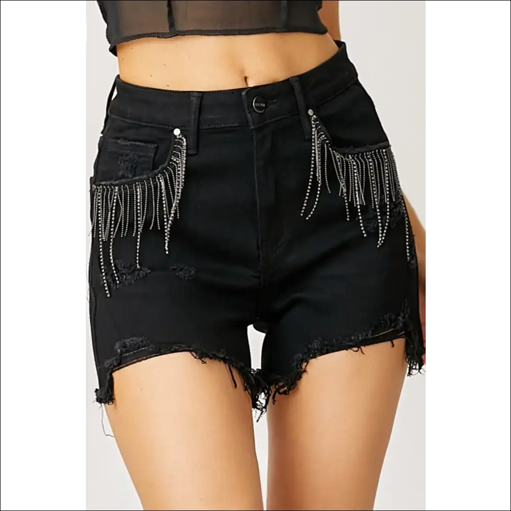 Frayed Hem Denim Shorts with Fringe Detail Pockets - on Sale Worldwide Shipping