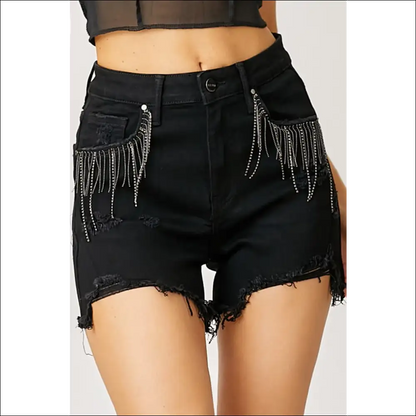 Frayed Hem Denim Shorts with Fringe Detail Pockets - on Sale Worldwide Shipping