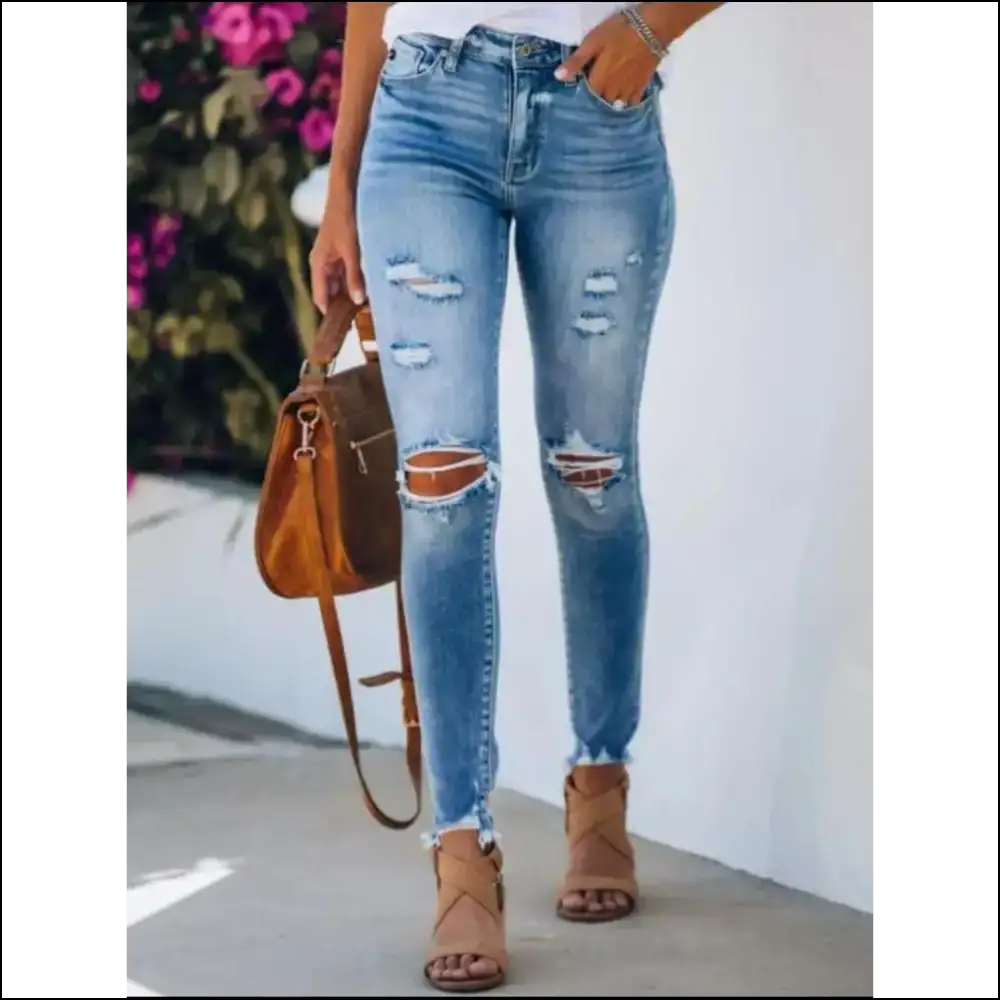 Frayed Hem Skinny Jeans: Because who Needs Perfect when you can be Distressed? 😜 - Light Blue / l - Jeans on Sale Worldwide Shipping