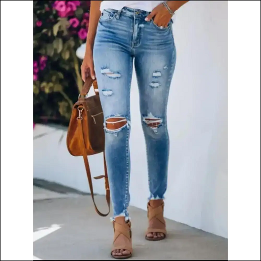 Frayed Hem Skinny Jeans: Because who Needs Perfect when you can be Distressed? 😜 - Light Blue / l - Jeans on Sale Worldwide Shipping