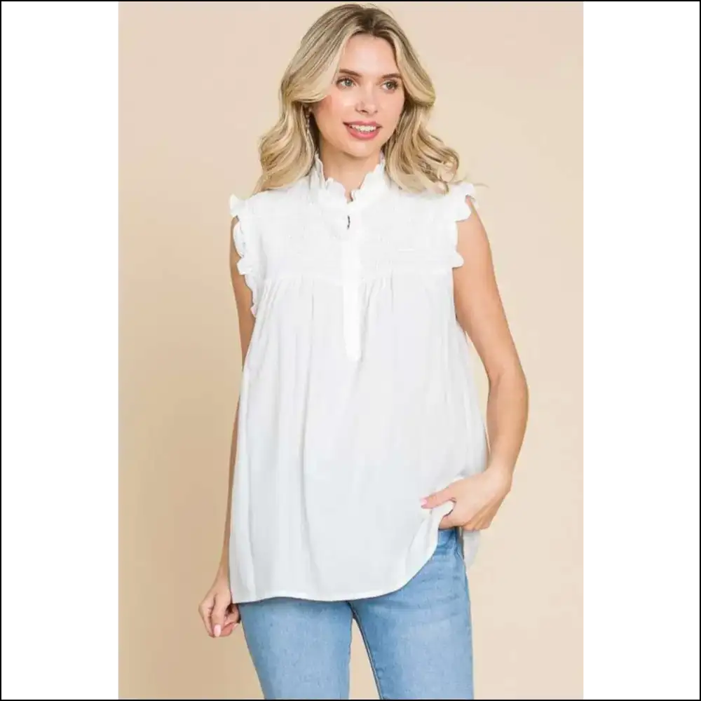 Frill Edge Smocked Sleeveless Top - Tank Tops on Sale Worldwide Shipping