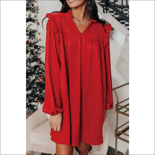 Frill Notched Long Sleeve Dress - Red / m - Dresses on Sale Worldwide Shipping