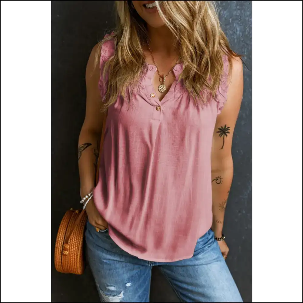 Frill Notched Sleeveless Tank - Dusty Pink / s - Tops on Sale Worldwide Shipping