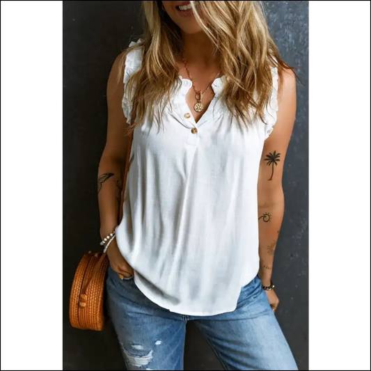 Frill Notched Sleeveless Tank - White / s - Tops on Sale Worldwide Shipping