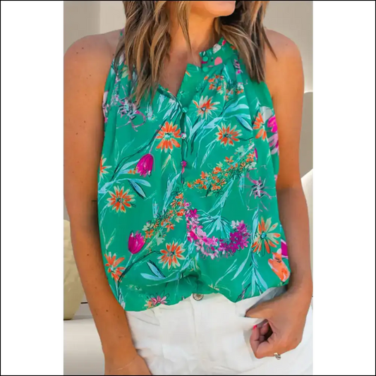 Frill Printed Grecian Tank - Chic & Playful Style - Turquoise / Xl - Tops on Sale Worldwide Shipping