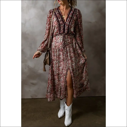 Frill Printed V-neck Midi Dress - Floral / l - Dresses on Sale Worldwide Shipping