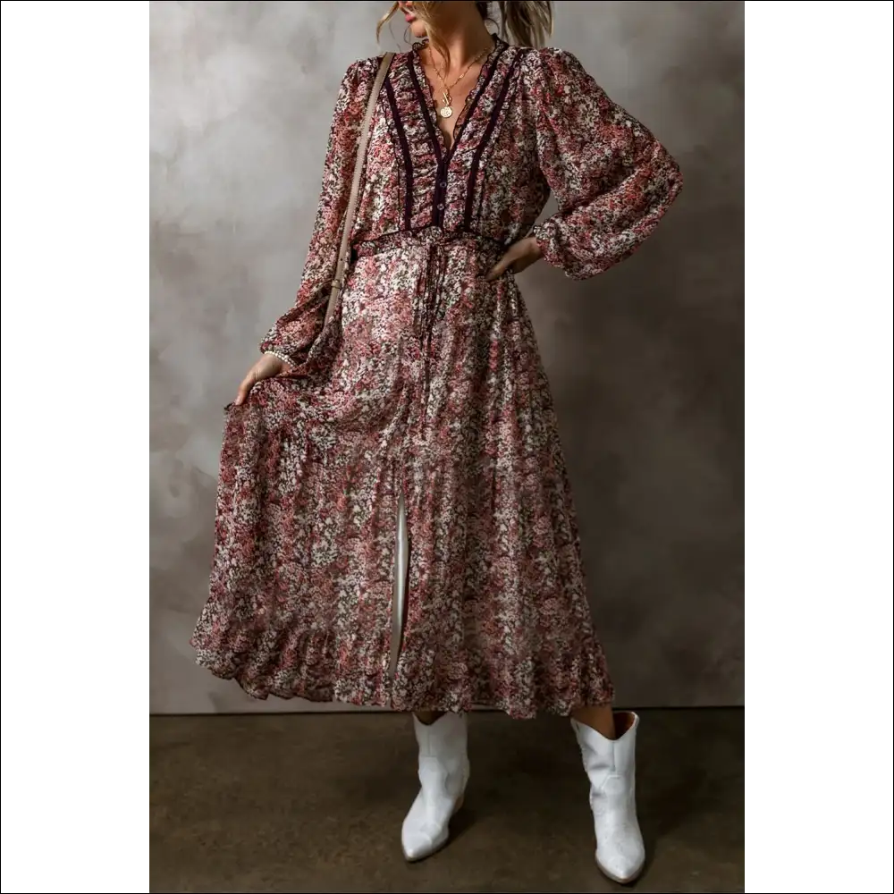 Frill Printed V-neck Midi Dress - Dresses on Sale Worldwide Shipping
