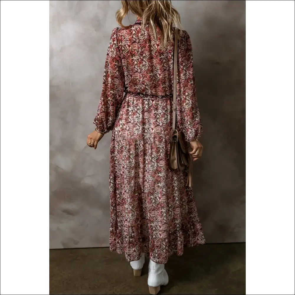 Frill Printed V-neck Midi Dress - Dresses on Sale Worldwide Shipping