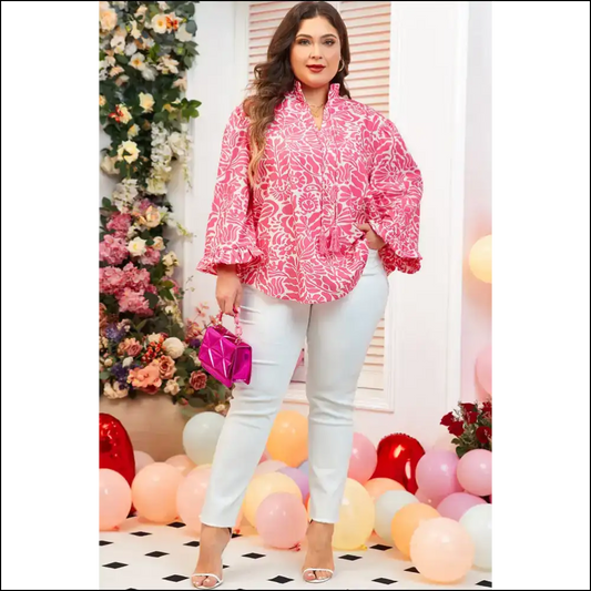 Frilled Neck Puff Sleeve: Pretty in Pink () Needful Things 🌸 - Plus Size Tops on Sale Worldwide Shipping