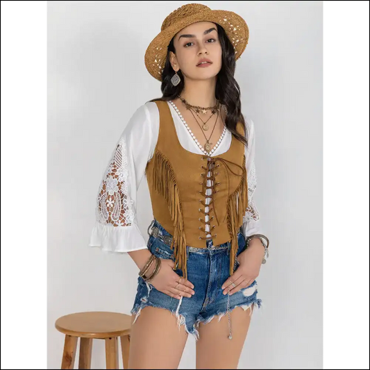 Fringe Lace-up Vest - Sexy & Stylish Top - Tan / Xl - Tank Tops on Sale Worldwide Shipping