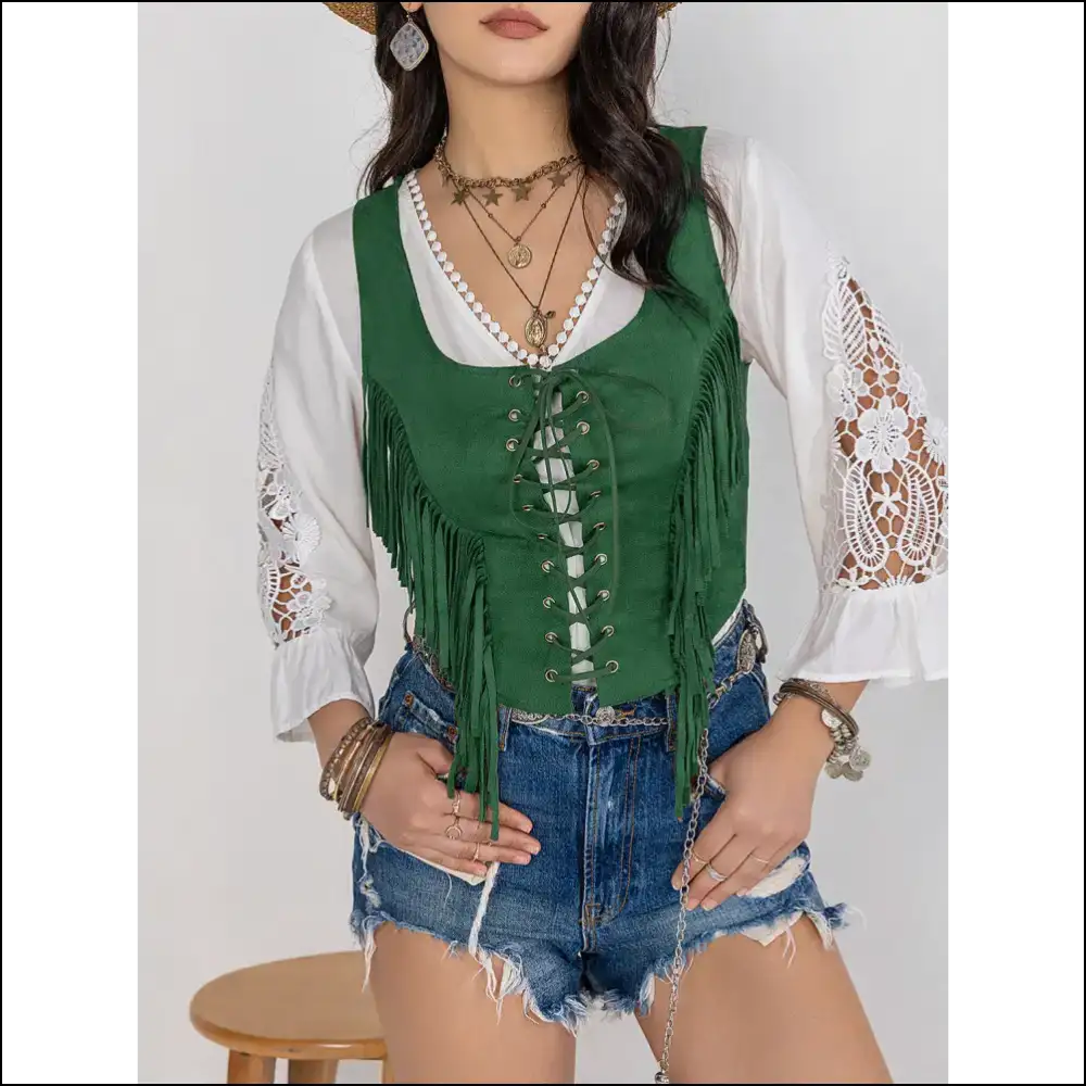 Fringe Lace-up Wide Strap Tank Top - Tops on Sale Worldwide Shipping