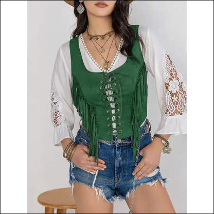 Fringe Lace-up Wide Strap Tank Top - Tops on Sale Worldwide Shipping