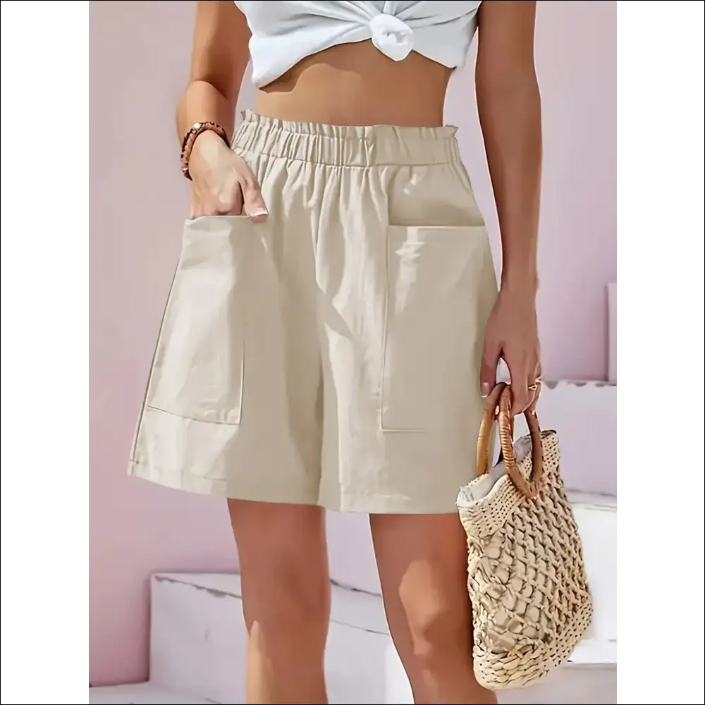 Full Size Pocketed Elastic Waist Shorts - Beige / l - on Sale Worldwide Shipping