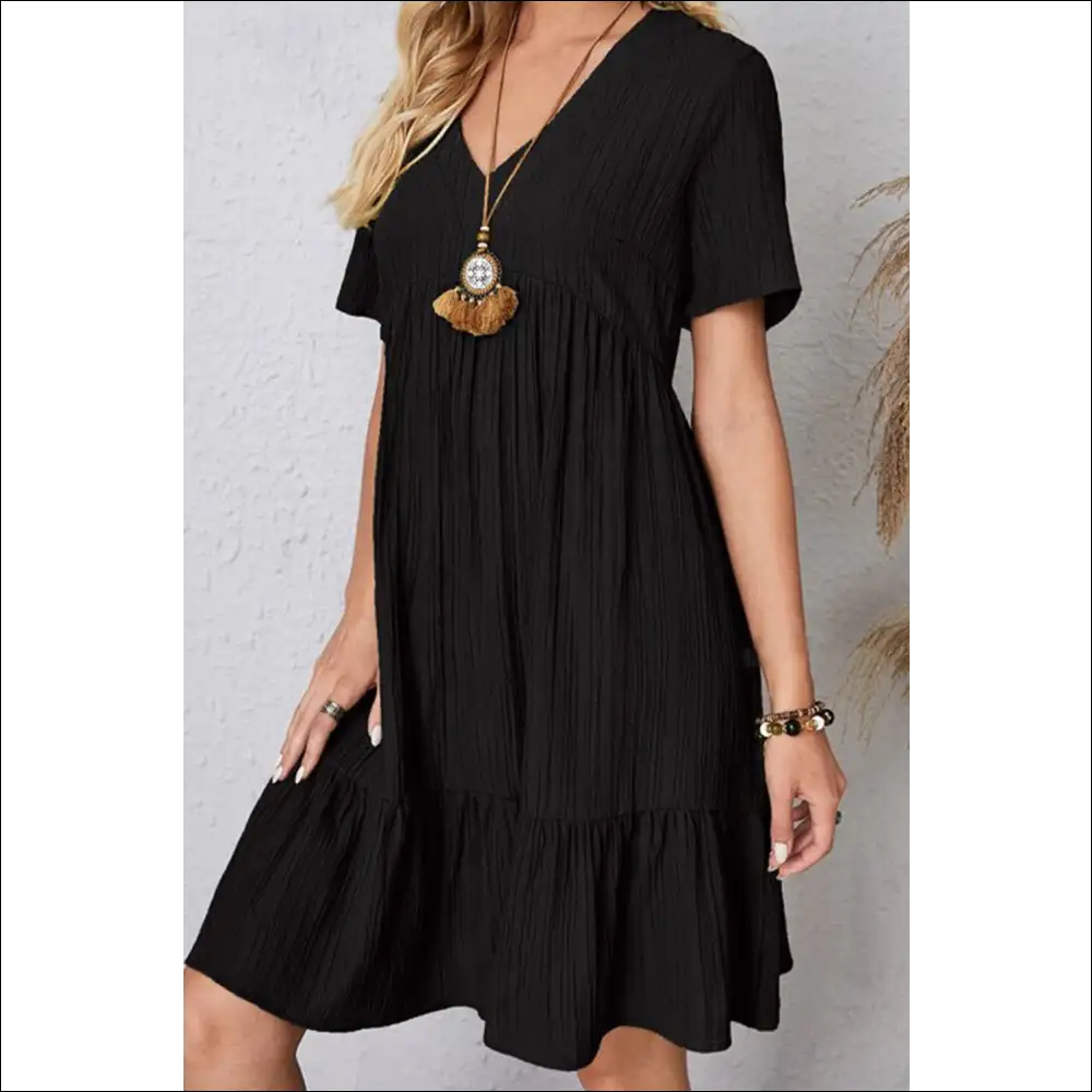 Sassy Ruched V-neck Short Sleeve Dress - Black / s - Dresses on Sale Worldwide Shipping