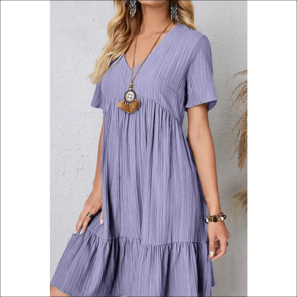 Sassy Ruched V-neck Short Sleeve Dress - Purple / Xl - Dresses on Sale Worldwide Shipping