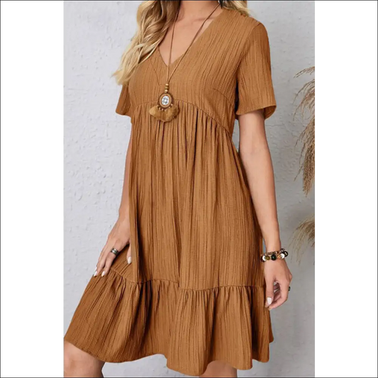 Sassy Ruched V-neck Short Sleeve Dress - Caramel / s - Dresses on Sale Worldwide Shipping