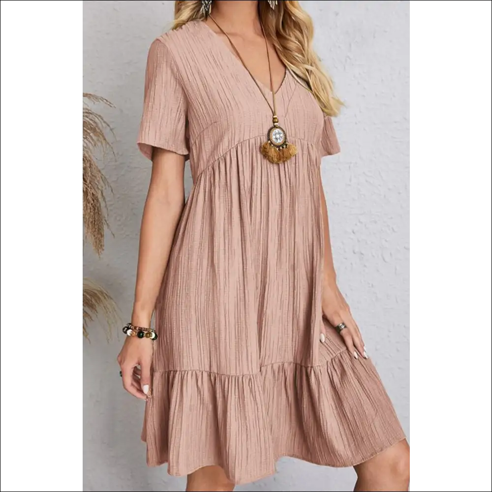 Sassy Ruched V-neck Short Sleeve Dress - Dusty Pink / s - Dresses on Sale Worldwide Shipping