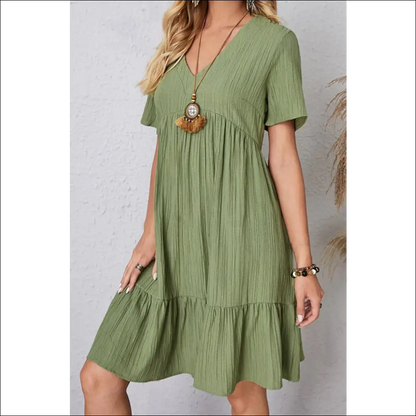 Sassy Ruched V-neck Short Sleeve Dress - Green / m - Dresses on Sale Worldwide Shipping