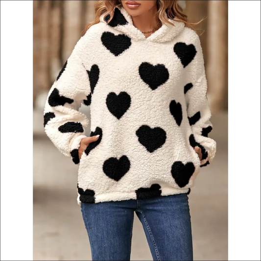 Fuzzy Heart Pocketed Dropped Shoulder Hoodie - Black / l - Sweatshirts & Hoodies on Sale Worldwide Shipping