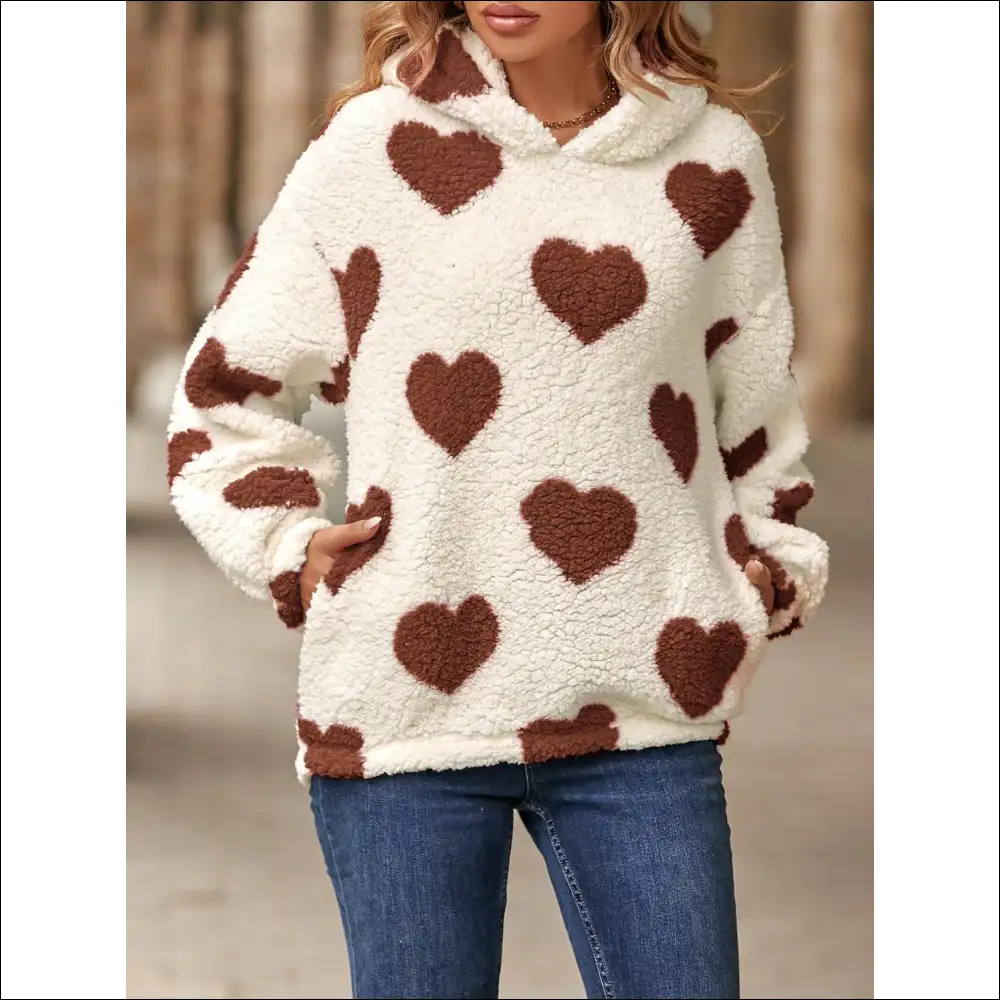 Fuzzy Heart Pocketed Dropped Shoulder Hoodie - Dark Brown / m - Sweatshirts & Hoodies on Sale Worldwide Shipping