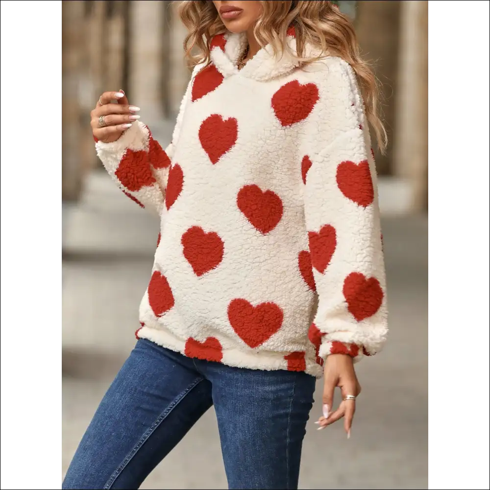 Fuzzy Heart Pocketed Dropped Shoulder Hoodie - Sweatshirts & Hoodies on Sale Worldwide Shipping