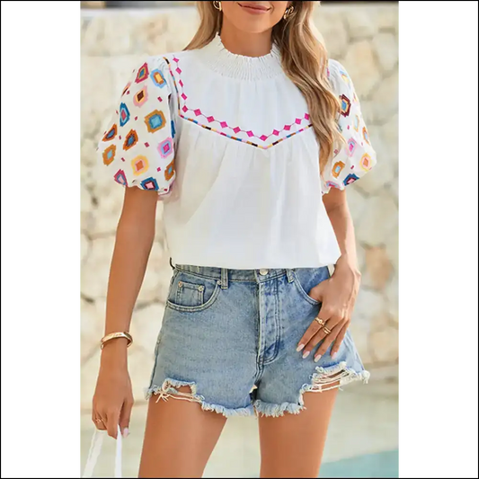 Geometric Embroidered Puff Sleeve: Queen Blouse 👑 Needful Things - White / s - Blouses on Sale Worldwide Shipping