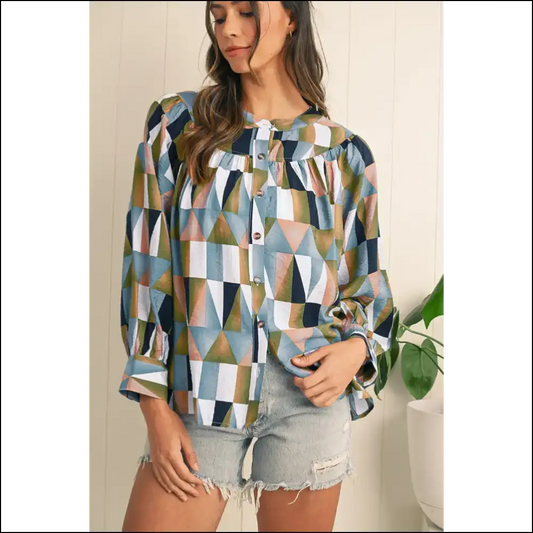 Geometric Print: Green Shirt with Envy 💚 - s - Blouses on Sale Worldwide Shipping