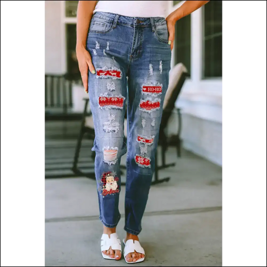 Get Festive with Santa Graphic Distressed Straight Jeans at Needful Things 🎅👖 - Medium / 14 - on Sale Worldwide Shipping