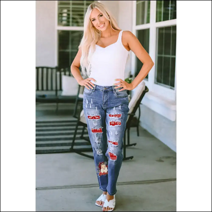 Get Festive with Santa Graphic Distressed Straight Jeans at Needful Things 🎅👖 - on Sale Worldwide Shipping