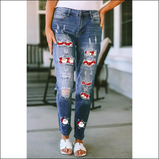 Get on the Nice List with our Santa Graphic Distressed Jeans 🎅💥 - Blue / 18 - on Sale Worldwide Shipping