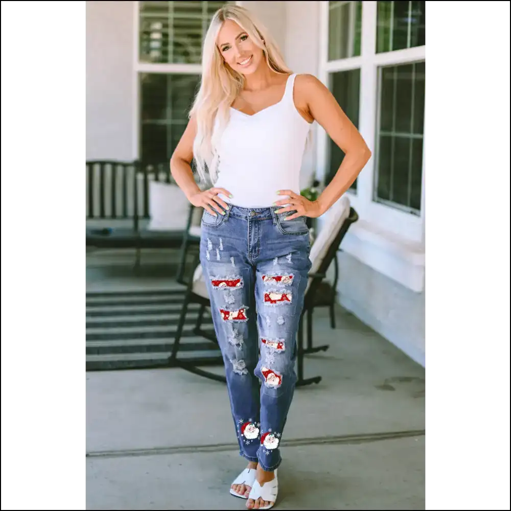 Get on the Nice List with our Santa Graphic Distressed Jeans 🎅💥 - on Sale Worldwide Shipping