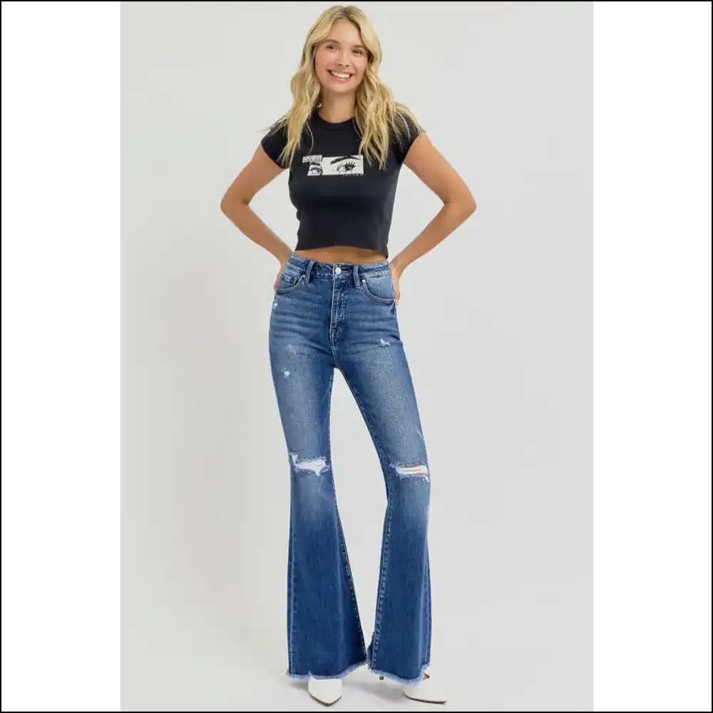 Get Ready to Slay in High Rise Distressed Flare Jeans by Needful Things 💃✨ - on Sale Worldwide Shipping
