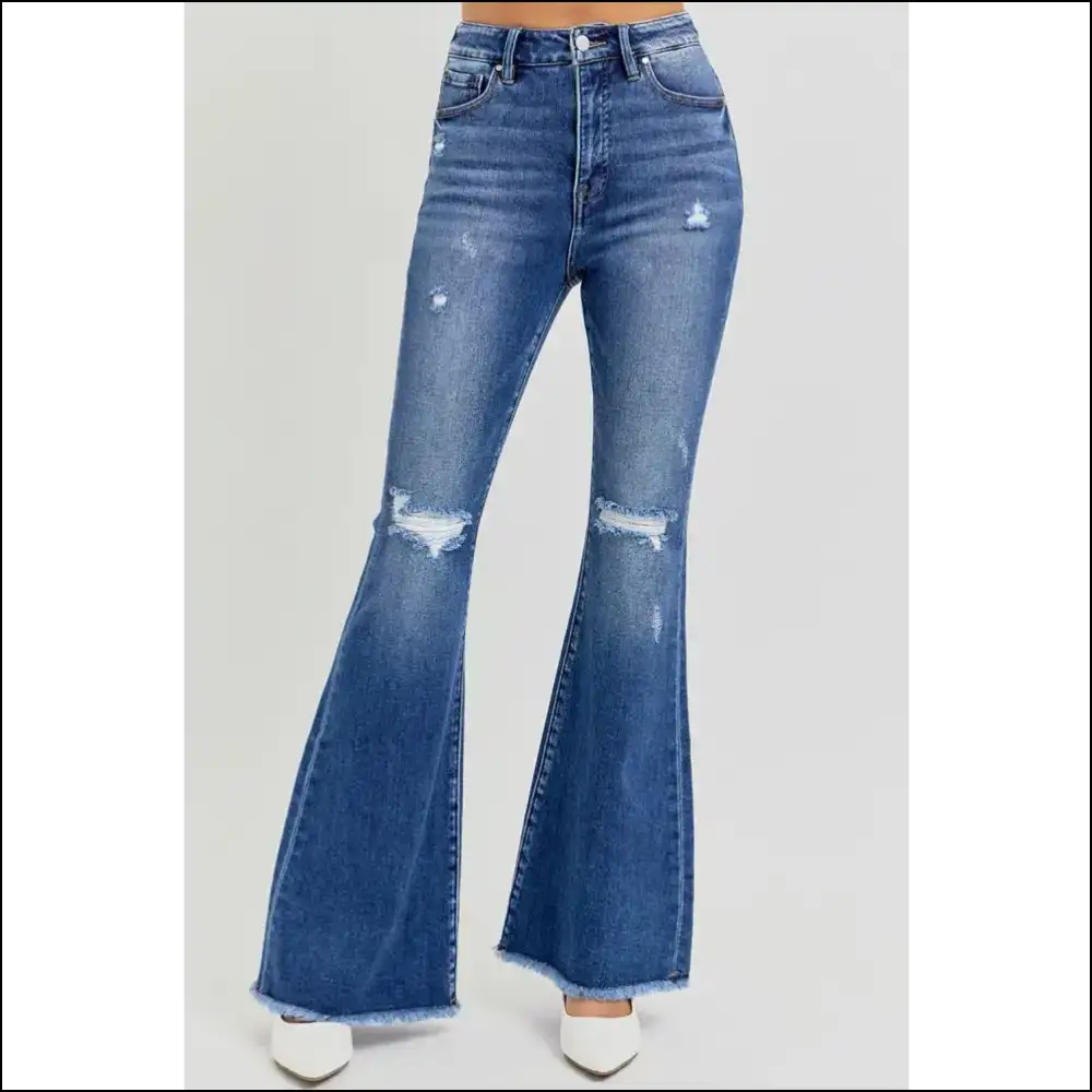 Get Ready to Slay in High Rise Distressed Flare Jeans by Needful Things 💃✨ - Blue / 0(24) - on Sale Worldwide Shipping