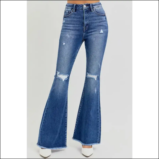 Get Ready to Slay in High Rise Distressed Flare Jeans by Needful Things 💃✨ - Blue / 0(24) - on Sale Worldwide Shipping