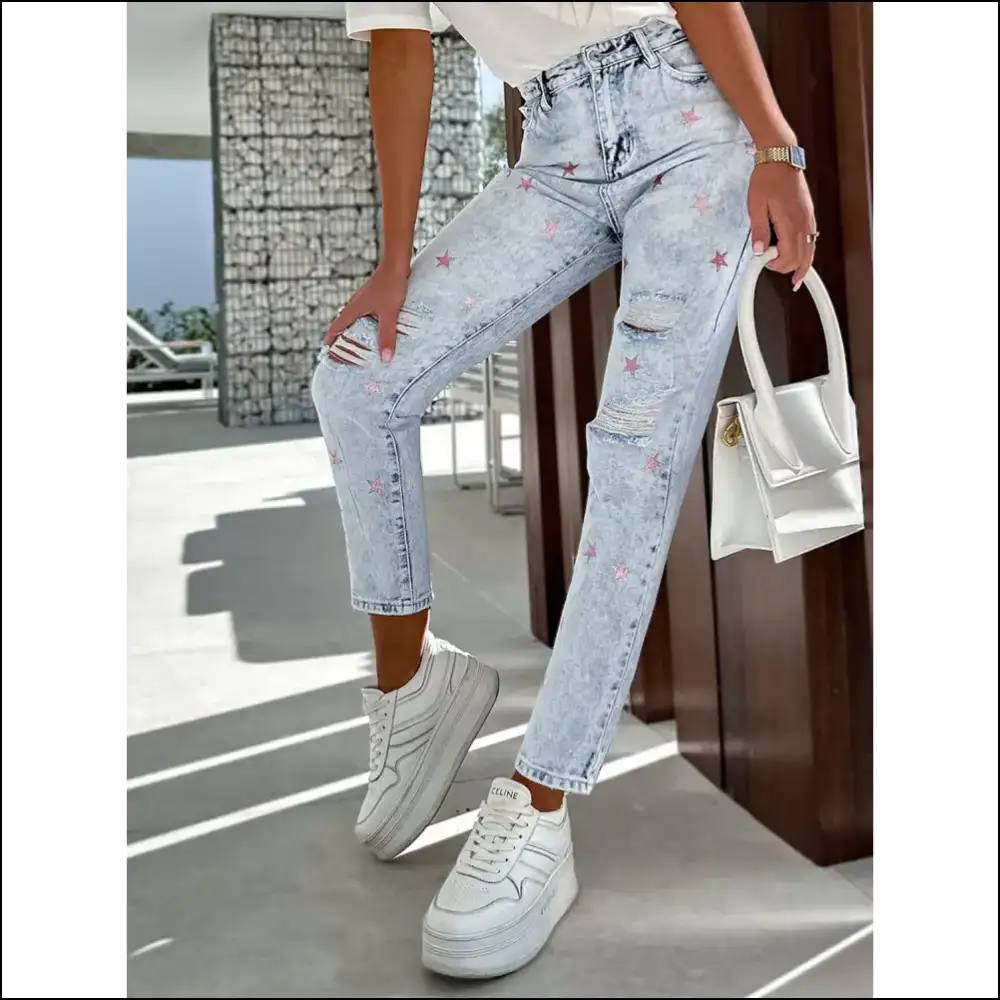 Get your Fame with Distressed Star Straight Jeans - Steal Hearts not Styles! 🌟👖 - on Sale Worldwide Shipping