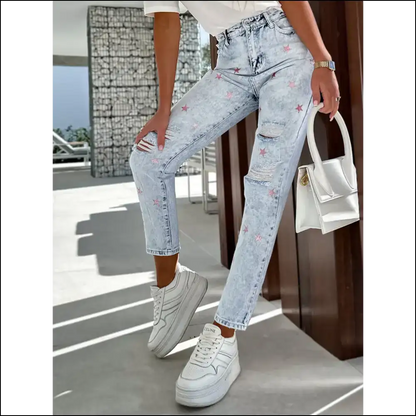 Get your Fame with Distressed Star Straight Jeans - Steal Hearts not Styles! 🌟👖 - on Sale Worldwide Shipping